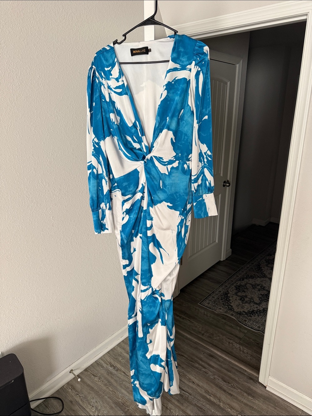 Fashion Nova Blue & White Twist-Front Maxi Dress